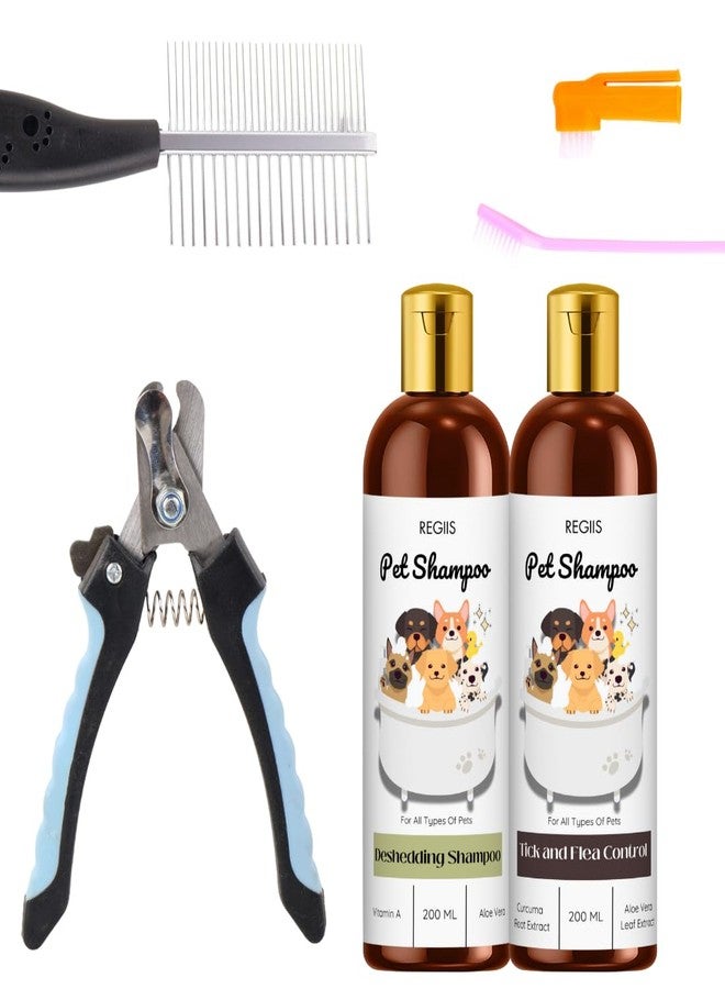 REGIIS Pet Grooming Kit, Complete Dog Care Set with Deshedding Shampoo, Tick and Flea Control Shampoo, Metal Comb, Nail Clipper, 200 ML, 5 Pieces - Image 1